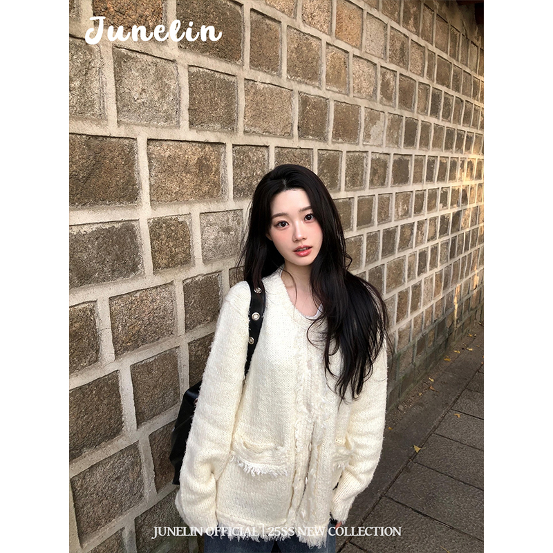 六月林 韩国博主同款名媛千金小香风白色开衫外套精致流苏温柔风