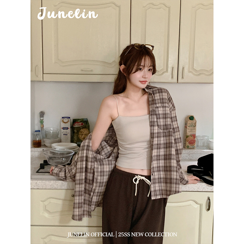 六月林 韩国博主同款复古慵懒日常通勤风超好看格子衬衫休闲百搭