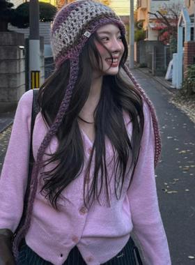 六月林 韩国ins博主同款粉色毛衣开衫女秋冬新款慵懒风针织外套