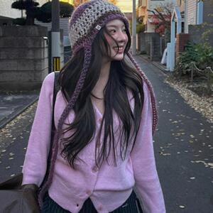 六月林 韩国ins博主同款粉色毛衣开衫女秋冬新款慵懒风针织外套