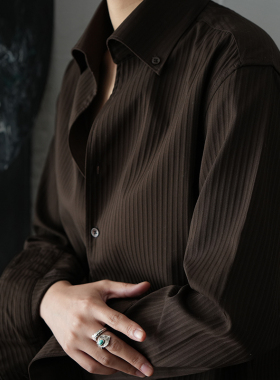 意式一片V领条纹美拉德棕色英伦修身商务潮男女痞帅百搭长袖衬衫