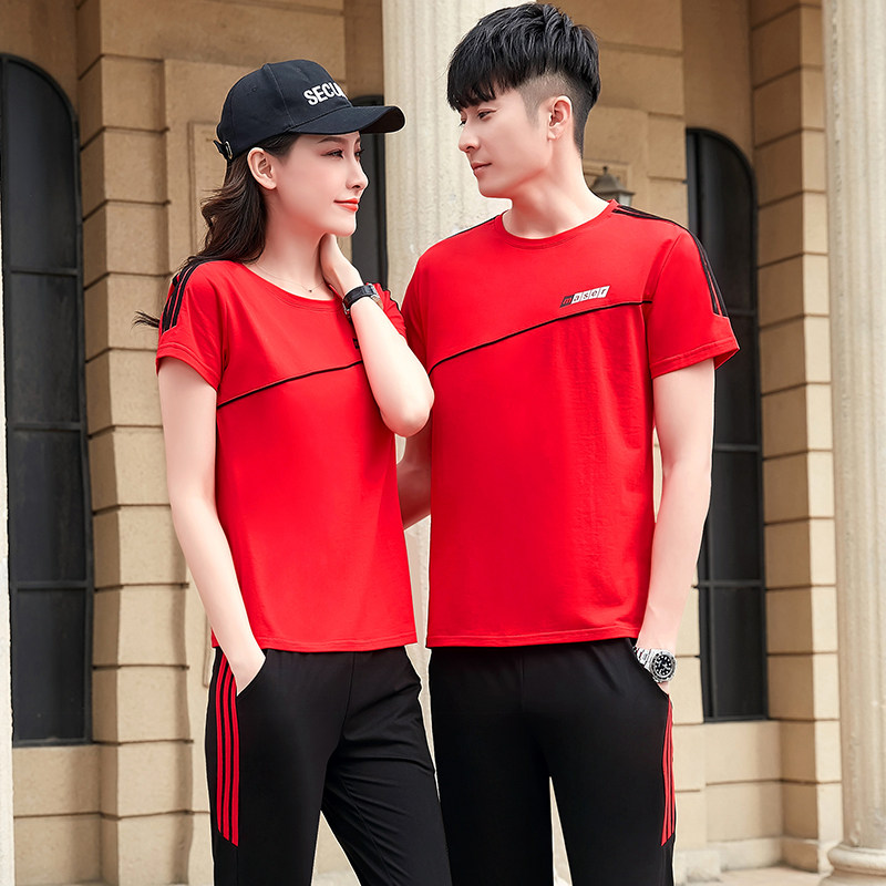 运动套装夏季情侣运动服男团体短袖棉质薄款夏装休闲跑步两件套女