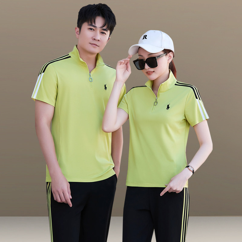 夏季时尚情侣运动套装男女团购休闲短袖薄款上衣户外跑步服两件套