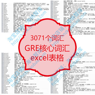 GRE核心词汇3000个excel表格单词英语中英文正序记忆列表文档