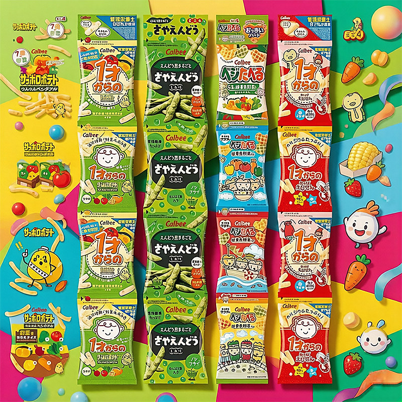 日本进口零食Calbee卡乐比低盐蔬菜薯条虾条4连包非油炸高钙宝宝