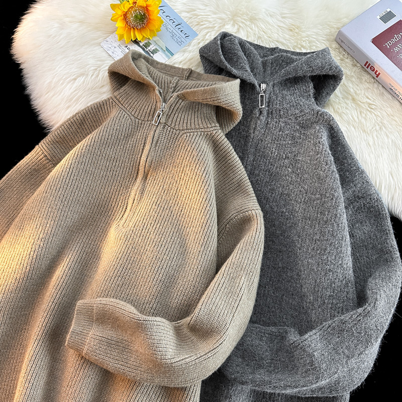 M540-P48秋冬季新款套头针织衫半拉链慵懒风宽松连帽毛衣M-2XL