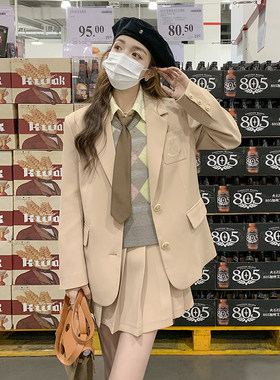 2024 现货爆款西装套女春装学院风休闲百褶半身裙两件套P165-k238