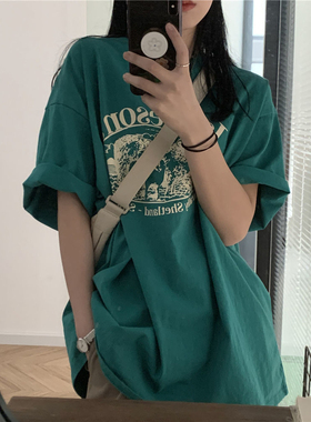 T恤T24283中长款街头字母/数字/文字印花宽松型短袖圆领