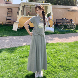 灰色國(guó)風(fēng)新中式 兩件套洋氣時(shí)髦 裙女夏兩件套流行爆款 休閑運(yùn)動(dòng)套裝