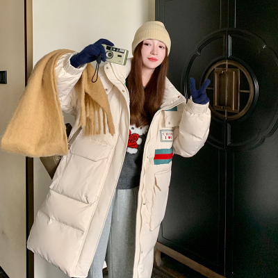现货热销【90白鸭绒】拼接撞色中长款韩版连帽印花羽绒服P310K469