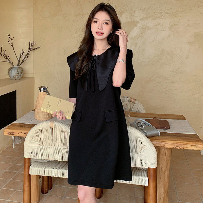 现货 时尚减龄大翻领黑色连衣裙2037款P105控158