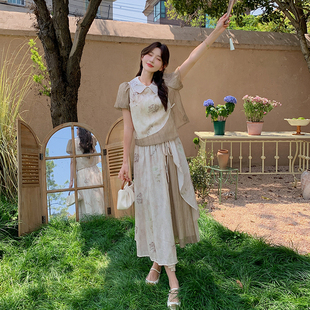 设计感减龄上衣半身裙两件套潮 新中式 娃娃领印花套装 裙女夏季 新款