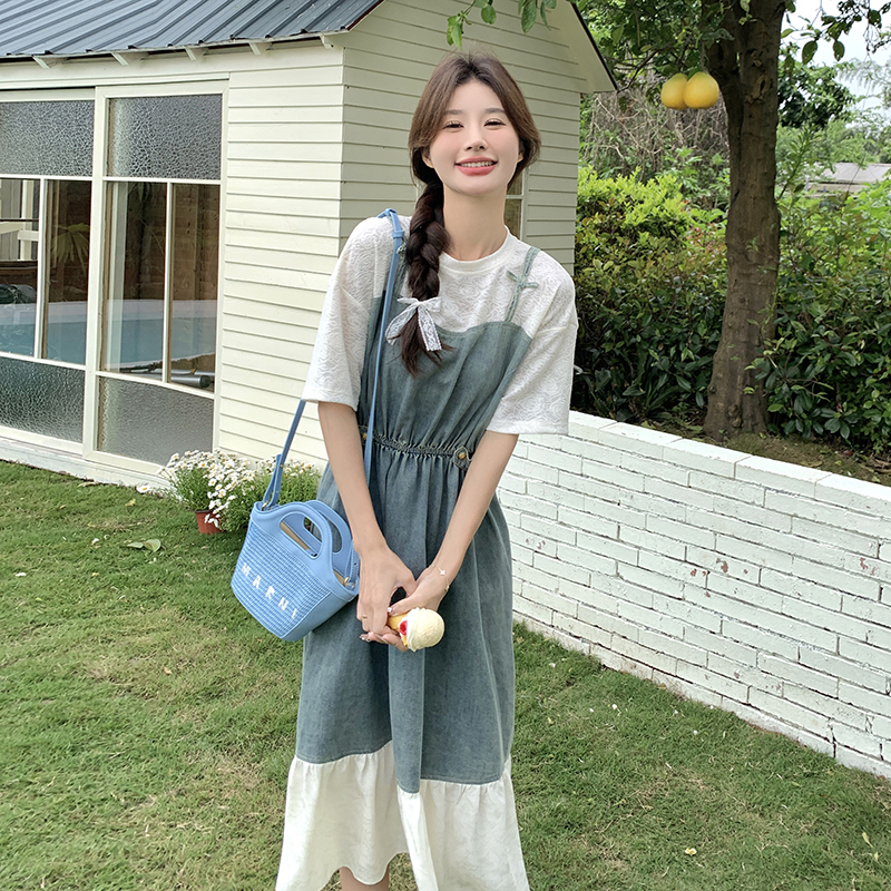 白色假两件牛仔拼接连衣裙女长款2024夏季新款收腰显瘦设计感裙子