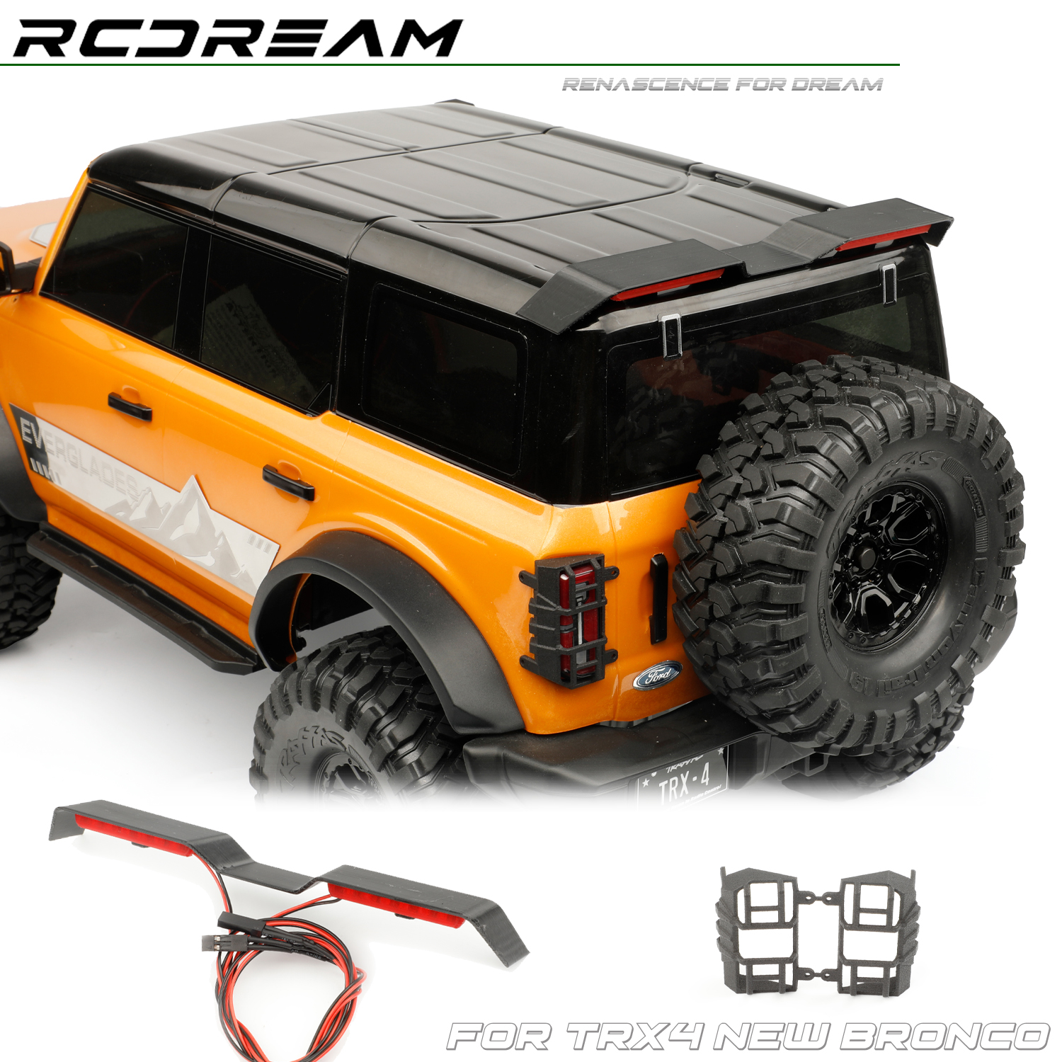 RCDream 1/10 车顶尾翼风翼带LED灯 尾灯罩防护罩 TRX4新烈马配件