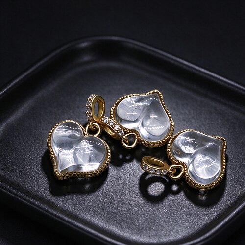 S925银镀金镶天然白水晶爱心吊坠