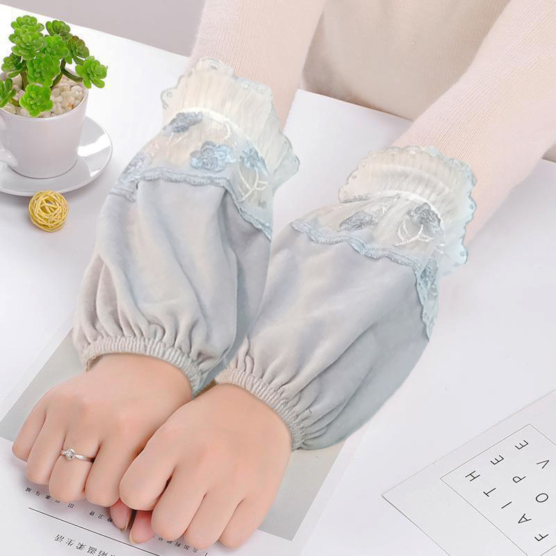 女冬短款羽绒服棉衣拼接套袖头办公防污防脏短款绒布绣花蕾丝袖套