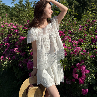 法式 上衣裤 曹大曼 复古镂空刺绣蕾丝花边方领短袖 裙套装 女夏新款