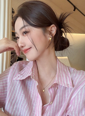 曹大曼 度假显白粉色条纹亚麻衬衫女长袖宽松显瘦好看的防晒衬衣