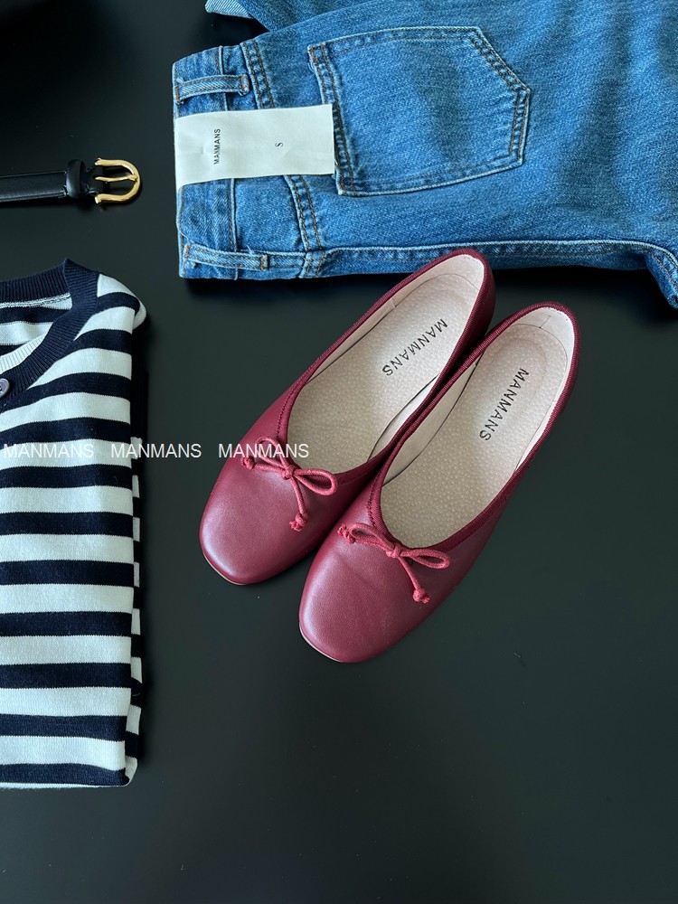 manmans法式勃艮第酒红色 软牛皮单鞋芭蕾鞋浅口平底鞋奶奶鞋女鞋