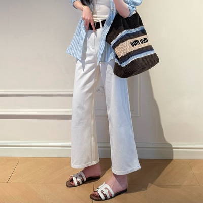 法式高腰阔腿显瘦九分牛仔裤女