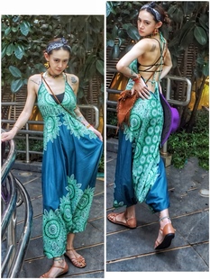 大裆裤 罗大娘 民族风辣妹露背吊带裤 海边度假沙滩长裤 泰国连体裤