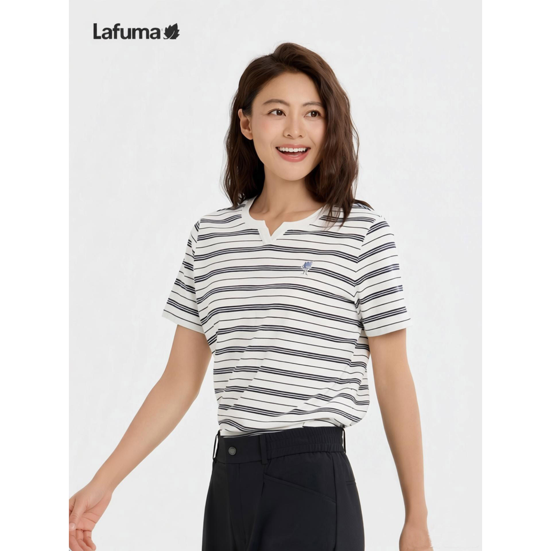 LAFUMA乐飞叶户外春夏新品女士条纹V领纯棉水柔棉短袖T恤航海衫