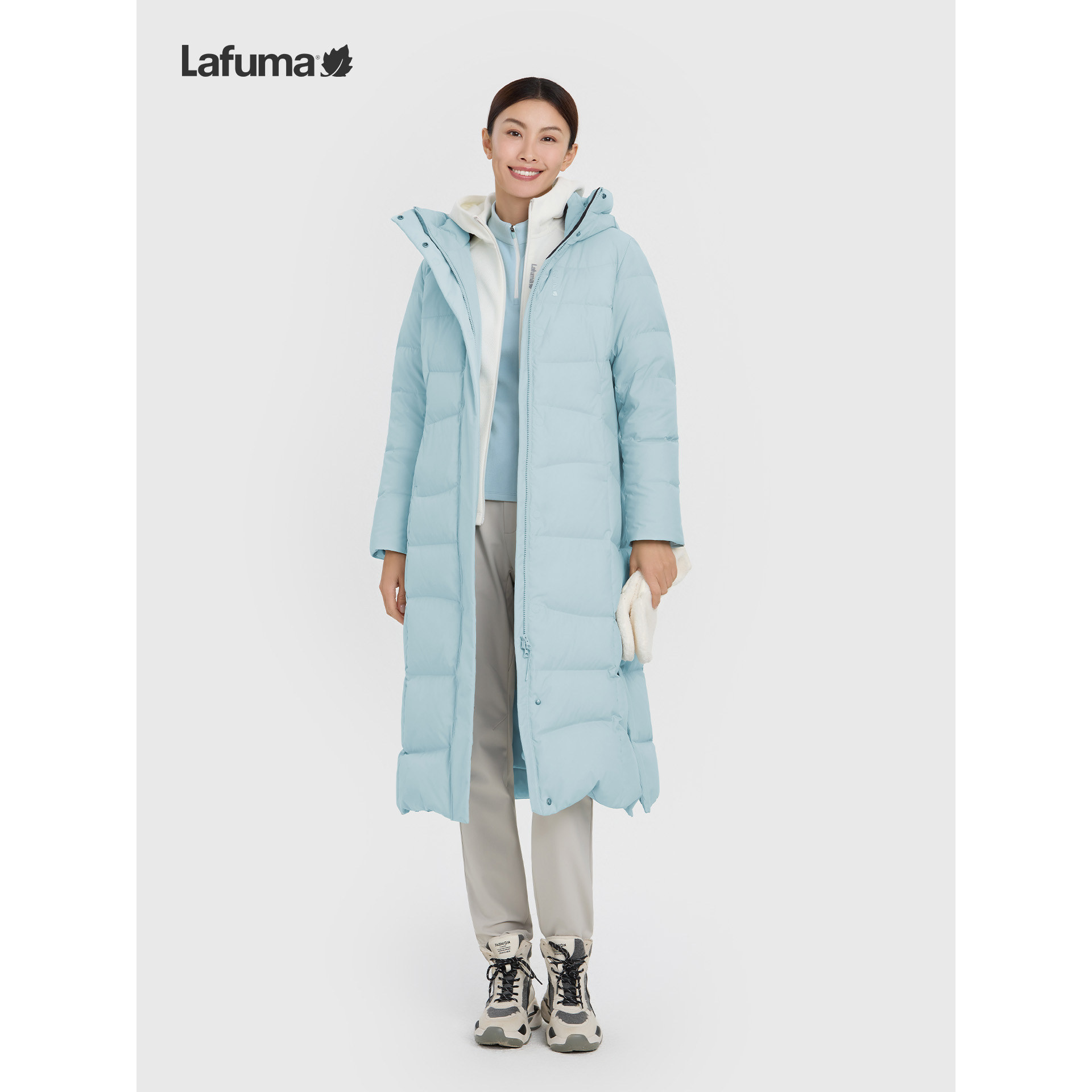乐飞叶过膝鹅绒连帽羽绒服女