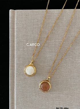 简约复古高级感咖色石头吊坠圆牌项链女 法式复古长款金色毛衣链