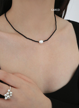 法式复古风黑玛瑙管珠淡水珍珠项链女小众简约百搭高级感锁骨链