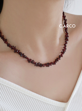 小众复古酒红色石榴石串珠项链女法式气质高级感不规则石头锁骨链