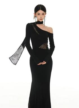 黑色微光粼粼蕾丝拼接性感斜肩连衣裙女秋冬新款宴会针织修身长裙