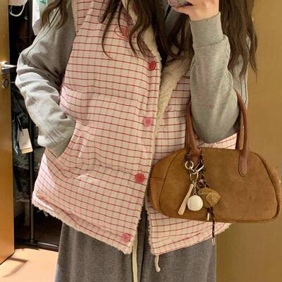 格纹小个子羊羔毛马甲女款2025新款外套春季叠穿加绒保暖背心外穿