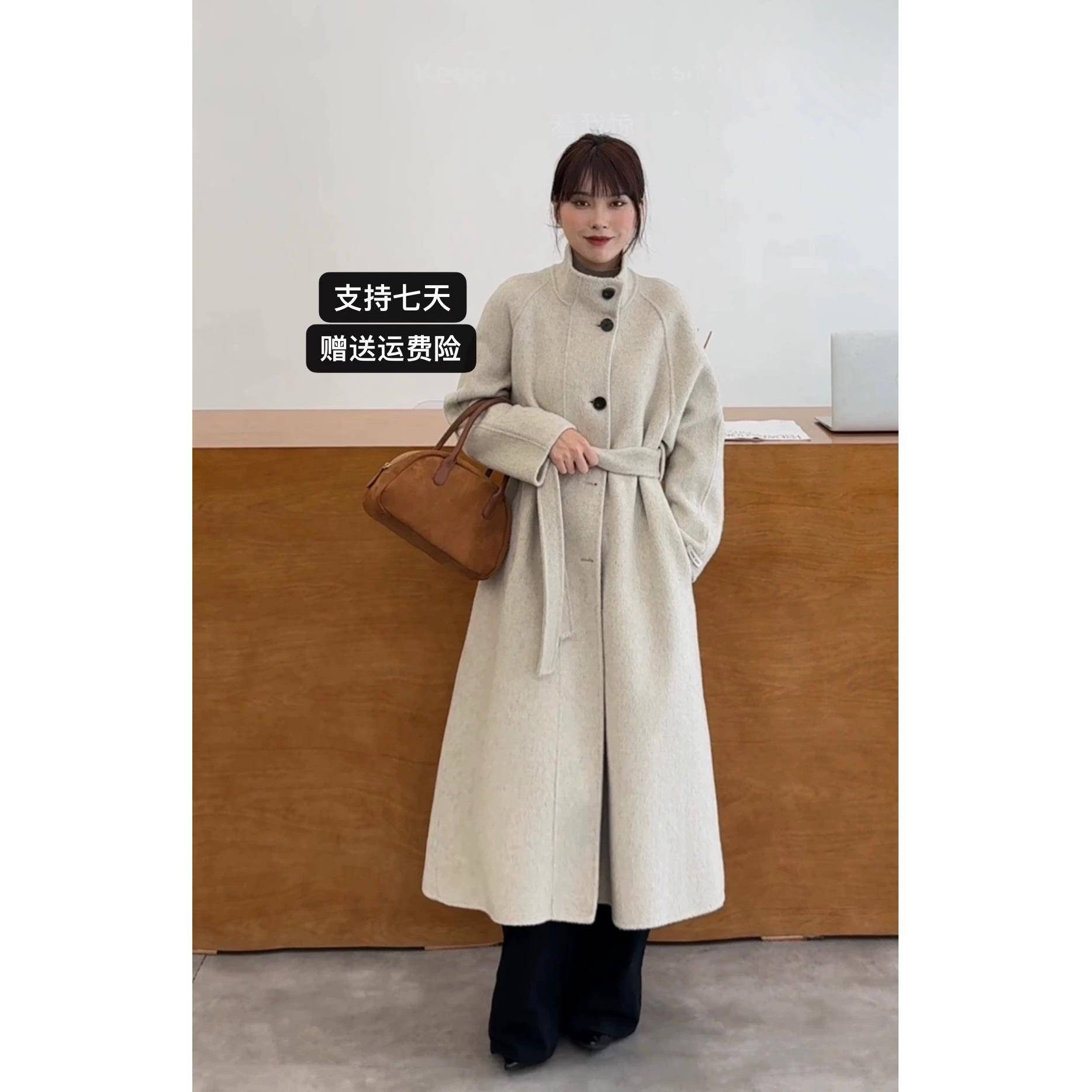 2025年秋季新款立领双面羊毛大衣女长版韩版A型系带裙摆羊毛外套