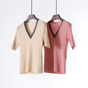 精纺扬子纱细羊毛 珠链V领短袖修身套头针织衫上衣 T恤