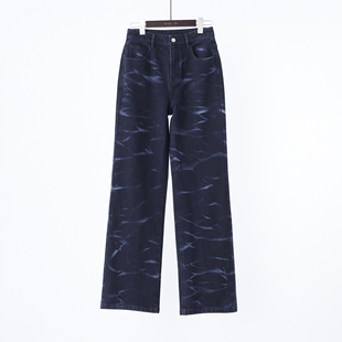 无售后！美式复古印花扎染直筒高腰牛仔裤 宽松显瘦长裤深蓝色