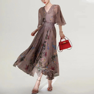 长裙 大裙摆桑蚕丝连衣裙 要好货收这种 双层真丝雪纺定位印花修身