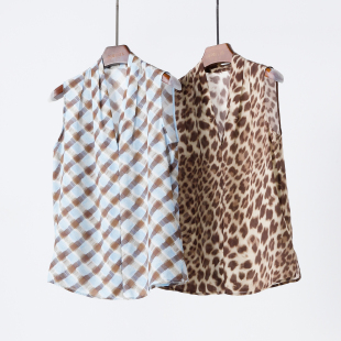 简而雅 小重磅真丝双绉印花别致V领无袖套头衬衫 豹纹桑蚕丝上衣