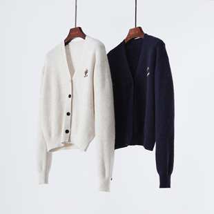 花纱山羊绒V领纽扣开衫女长袖显瘦百搭针织衫通勤毛衣外套