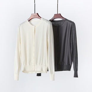 精纺山羊绒前片叠加桑蚕丝开衫女薄款早春长袖纯色外套毛针织衫
