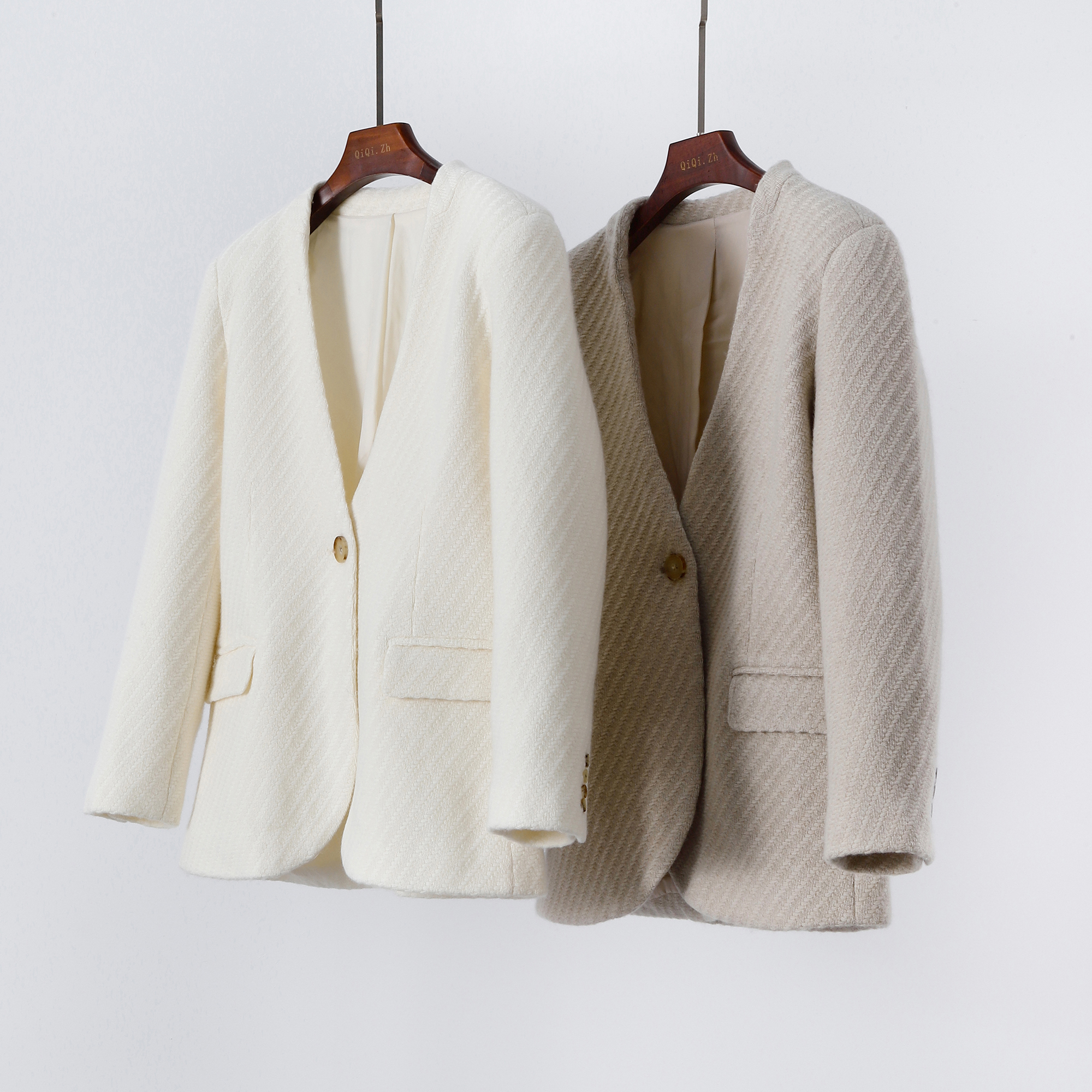 不收后悔系列  康赛妮重磅肌理针织羊绒极简裸领一粒扣西装外套