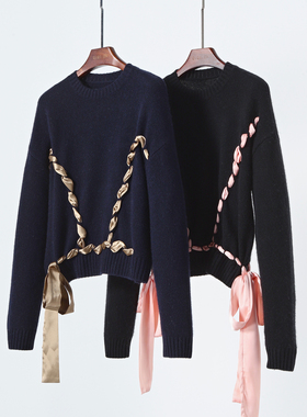 康赛妮纱线 绑带可拆 山羊绒衫女长袖深蓝色显瘦套头毛衣毛针织衫