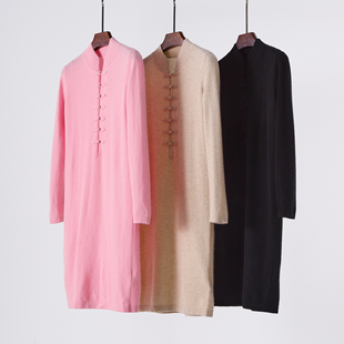 亏清不退 温婉国风 中国风立领盘扣山羊绒衫针织修身连衣裙