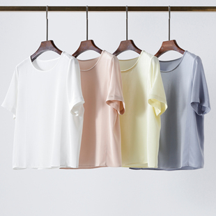 极简基础款 T恤百搭纯色桑蚕丝上衣 重磅真丝弹力重绉圆领落肩短袖
