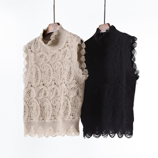 腰果花 重工钩花镂空流苏撕边高领无袖针织衫女背心上衣