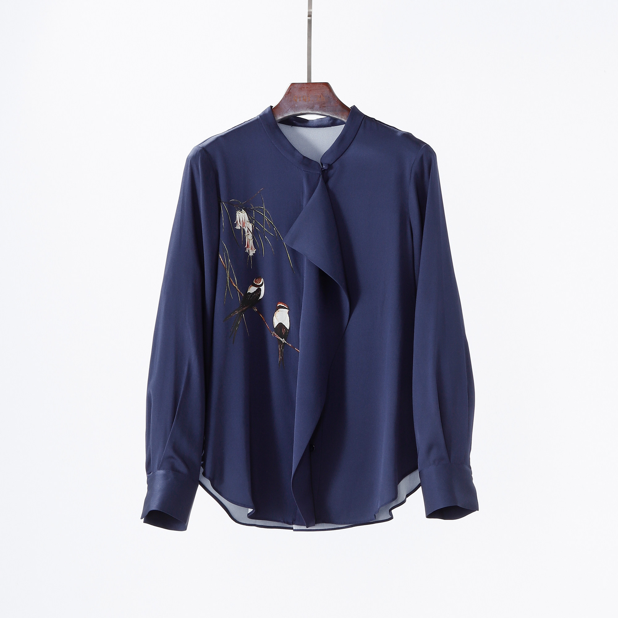 雅致温婉 重磅真丝弹力双乔缎定位印花桑蚕丝长袖衬衫 上衣女