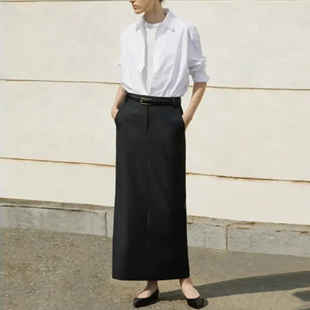 精纺羊毛 高级显瘦 真丝内里后开衩高腰半身长裙 半身裙 黑色西装