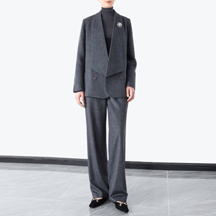 高腰西裤 外套 宽青果领毛呢真丝里西装 静奢风真丝羊毛西服套装