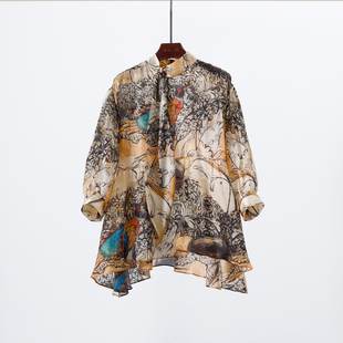 桑蚕丝宽松休闲上衣 重磅真丝欧根缎 改价299 灵鸟绘色