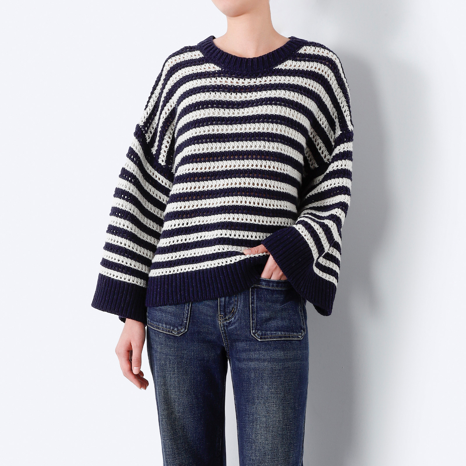 海魂配色 慵懒廓形加厚羊毛宽松条纹镂空针织纱 休闲套头大毛衣,女装/女士精品,毛针织衫,淘宝优惠券,粉丝福利购,淘宝优惠卷