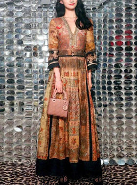 奢美宫廷风 重磅真丝双绉定位印花V领修身中长连衣裙 桑蚕丝长裙